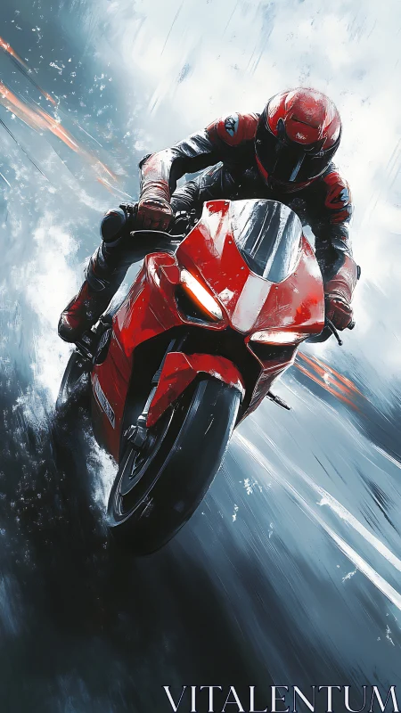 Red superbike races through rain in a cinematic speed rush