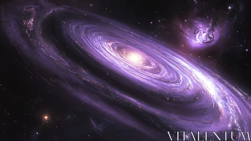 Purple spiral galaxy with bright core in deep space.