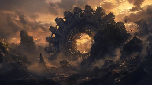 Colossal rusted gear halo yawns open over a stormlit wasteland