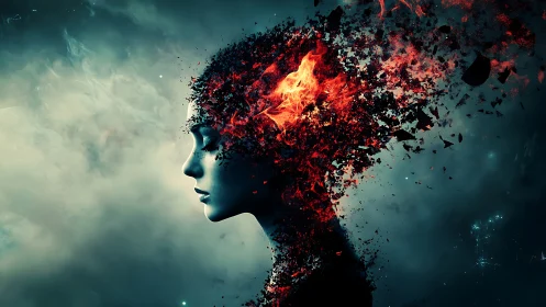 Dreamer of Embers: quiet profile dissolving into bright fire.