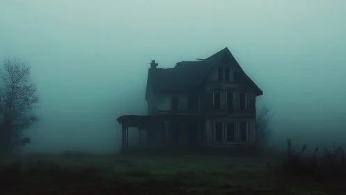 Abandoned Victorian house shrouded in dense blue fog.