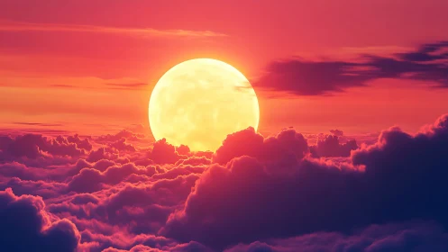 Gigantic low sun over magenta cumulonimbus cloud canopy