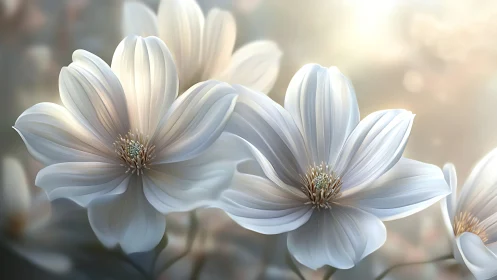 Delicate white cosmos flowers with detailed petal striations and golden stamen centers