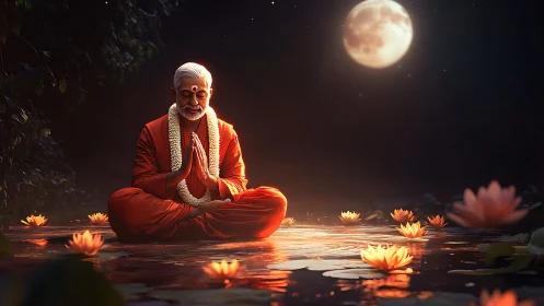 Moonlit sage afloat on lotus-lit waterway of quiet grace.