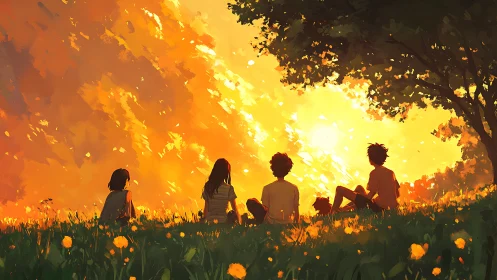 Five silhouetted youths sit in grass facing a vivid sunset