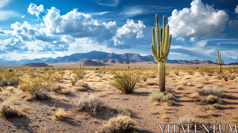 Sunlit desert valley with tall cactus and drifting clouds.