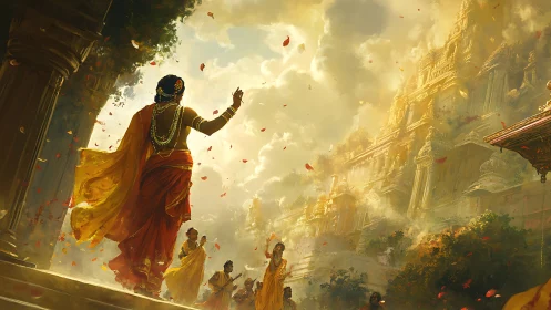 Processional ascent toward radiant golden temple in monsoon light