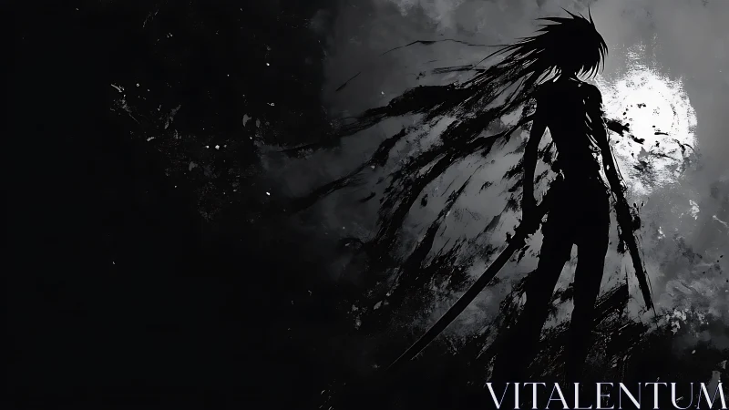 Silhouetted katana warrior in monochrome abstract storm.