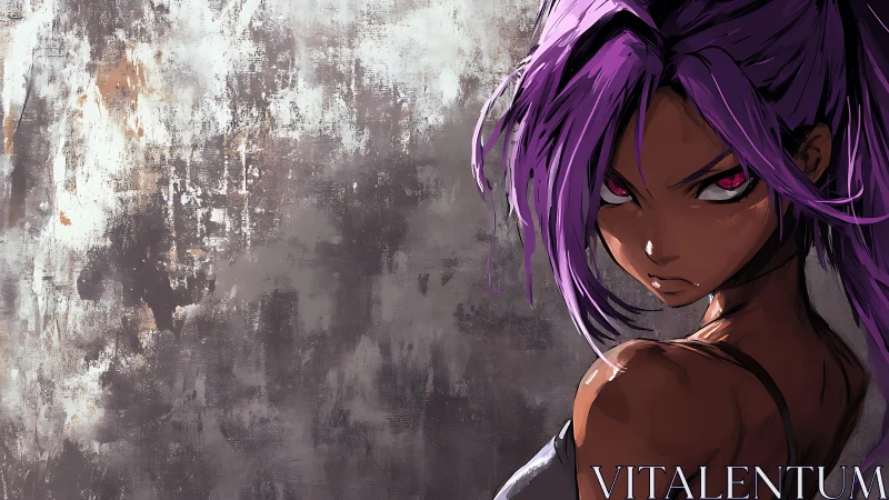 Purple-haired anime warrior against textured concrete wall.