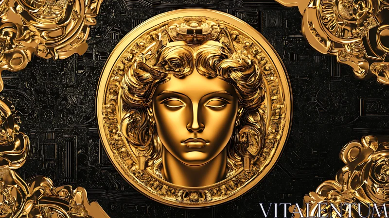 Golden cyber-medallion goddess framed in ornate circuitry.