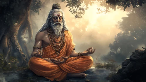 Ascetic sage in orange robes meditates amid luminous forest haze