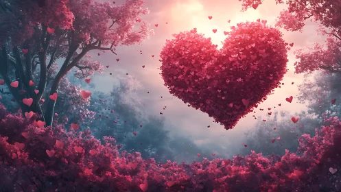 Massive Heart-Shaped Cloud of Rose Petals Floating Through Enchanted Forest.