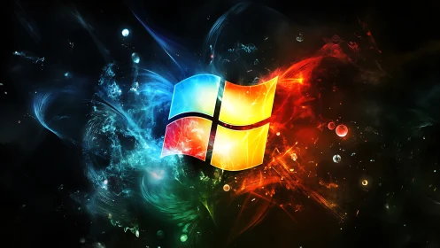 Windows logo over abstract cosmic light background design.