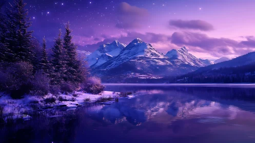 Snow covered mountains reflected in calm lake at dusk.