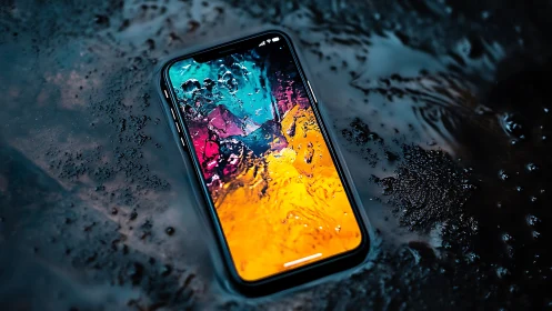 Smartphone with vivid screen lying on wet reflective surface.