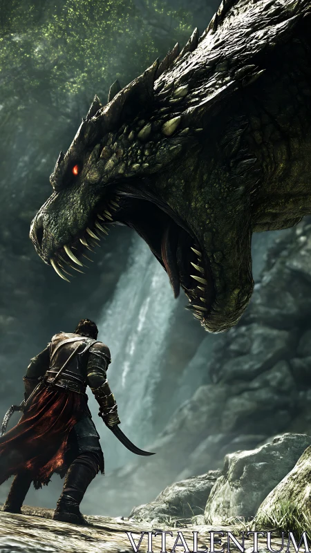 Warrior confronts massive dragon in misty canyon scene.