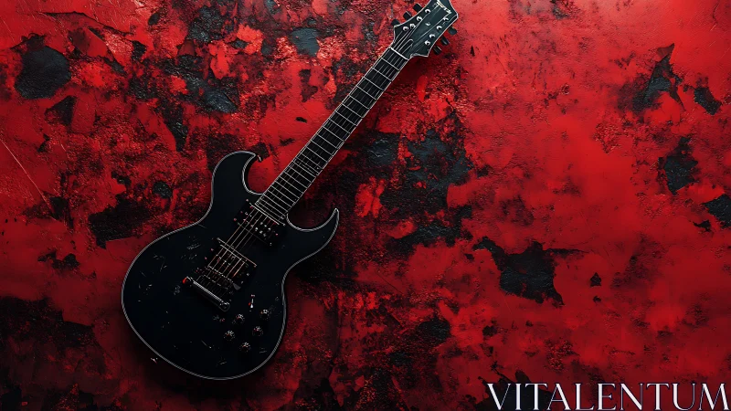 Black electric guitar diagonally staged on textured crimson field