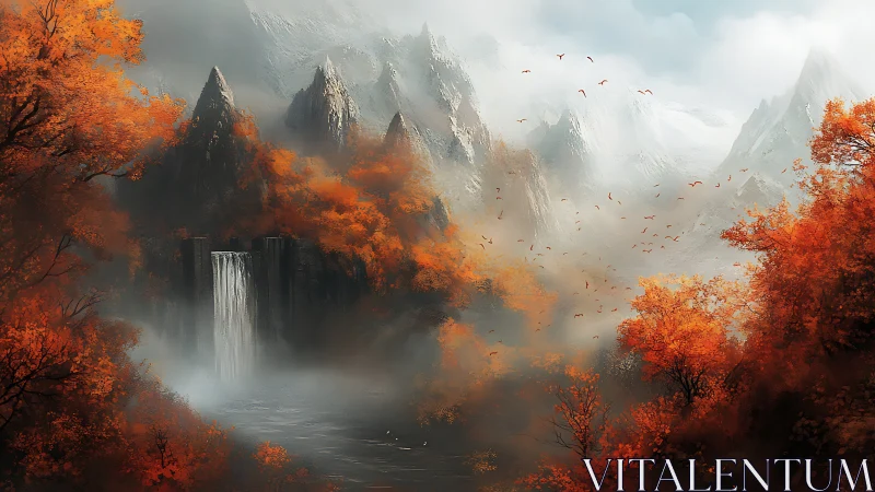 Autumn valley with waterfall and distant snow-covered peaks.