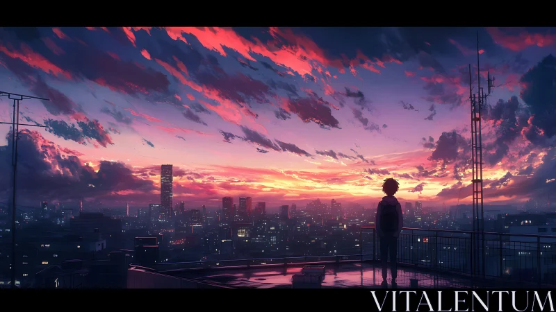 Rooftop anime cityscape at dusk with panoramic sunset sky.