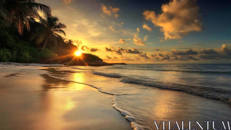 Golden tropical sunset light shimmers across calm shoreline.
