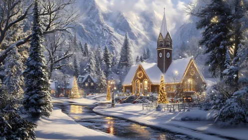 Snowlit village chapel glows beneath storybook winter peaks.