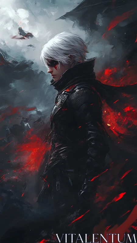 White-haired rogue in black tactical armor amid red embers
