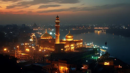 Mosque with golden domes overlooks crowded riverside at dusk
