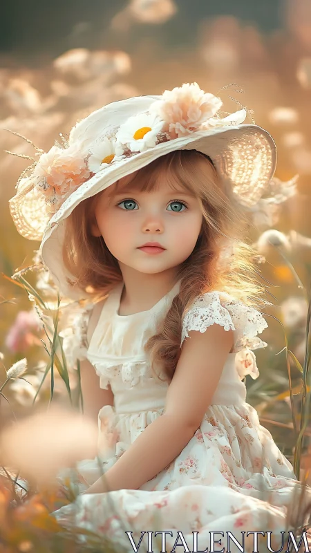 Sunlit meadow child in lace dress and blossom-crowned hat.