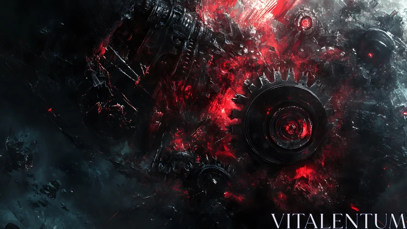 Mechanical gears emerge from chaotic red and black abstract field
