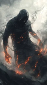 Hooded lava wraith strides through churning volcanic smoke