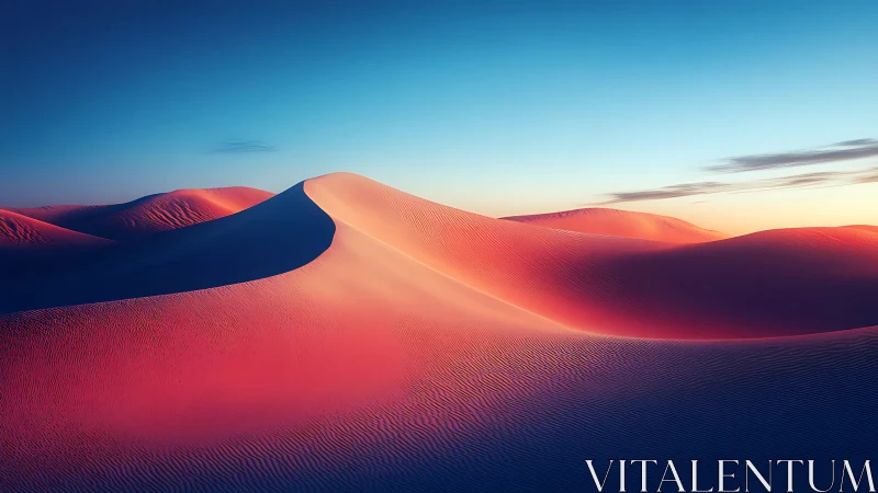 Crimson sand dunes under gradient sky at golden hour.