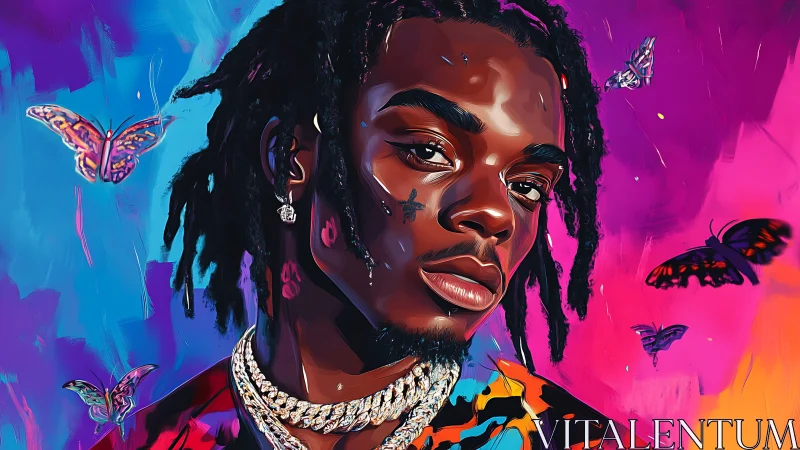 Neon-lit portrait of braided youth with butterflies in chromatic gradients