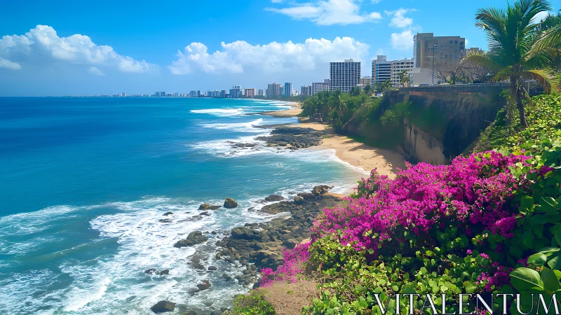 Urban coastline with flowering foreground and distant skyline.