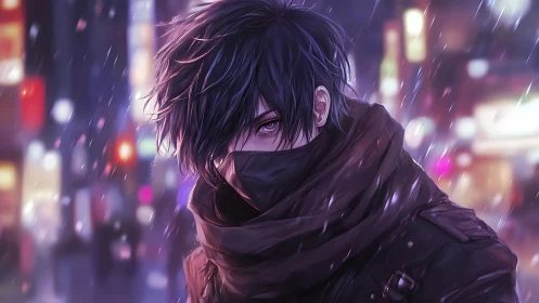 Midnight rogue in neon rain, eyes like quiet sirens.