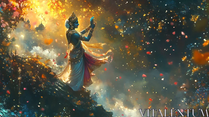 Celestial blue deity amid radiant cosmic blossoms.