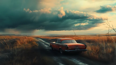 Old car on rural dirt road under dense storm clouds.