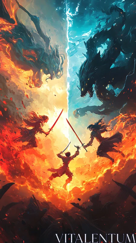 Fiery sword duel framed by elemental beasts in conflict.