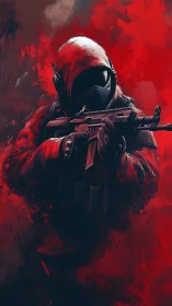 Tactical soldier with rifle in red abstract combat haze.