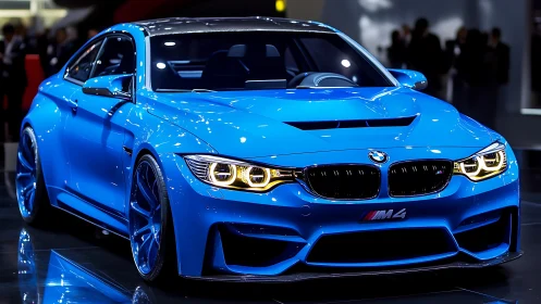 Electric blue BMW M4 coupe dominates glossy showroom floor.