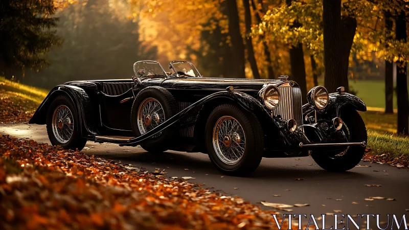 Vintage black roadster under golden autumn forest light.