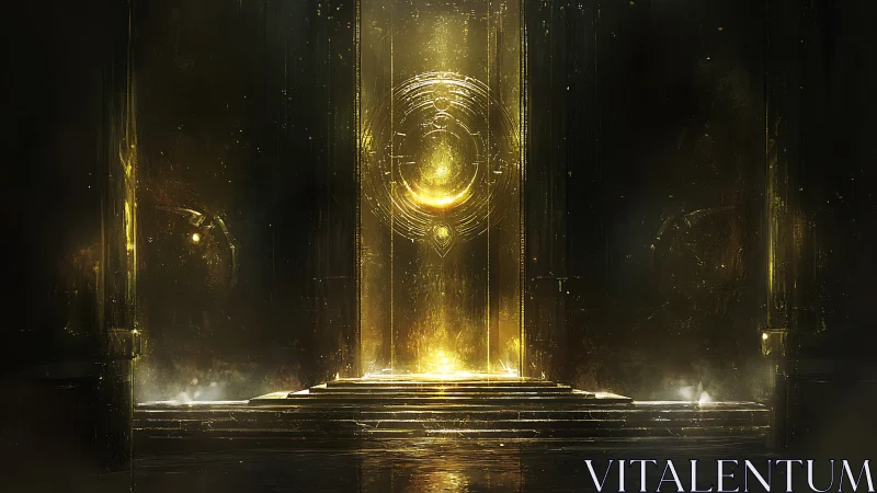 Central luminous portal structure dominates dark interior space