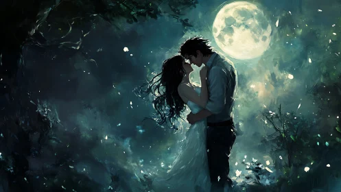Couple Embracing Under Full Moon in Ethereal Nightscape