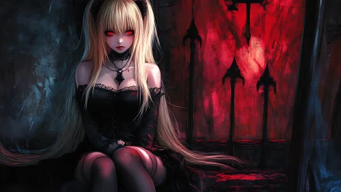 Gothic anime vampiric girl seated before crimson altar.