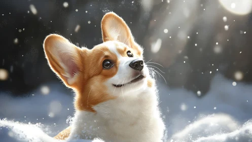 Corgi gazes upward in soft winter light and drifting snow