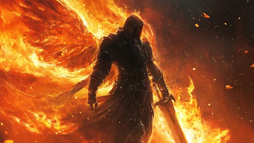 Armored infernal sentinel with flaming wings and sword poised.