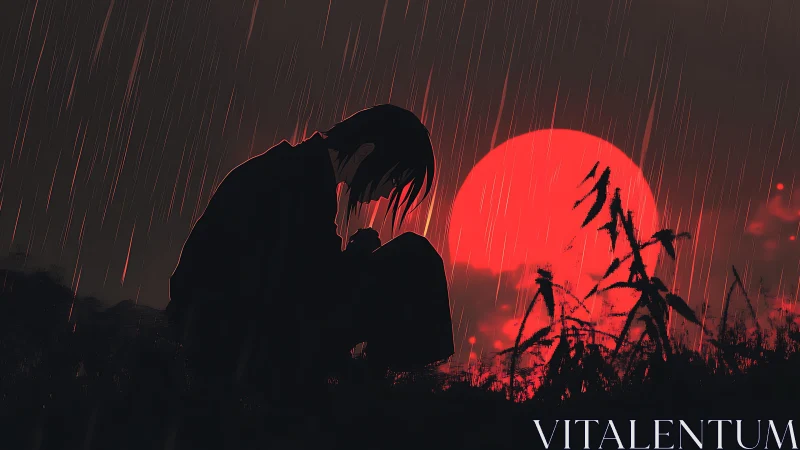 Silhouetted figure kneels in heavy rain before red sun