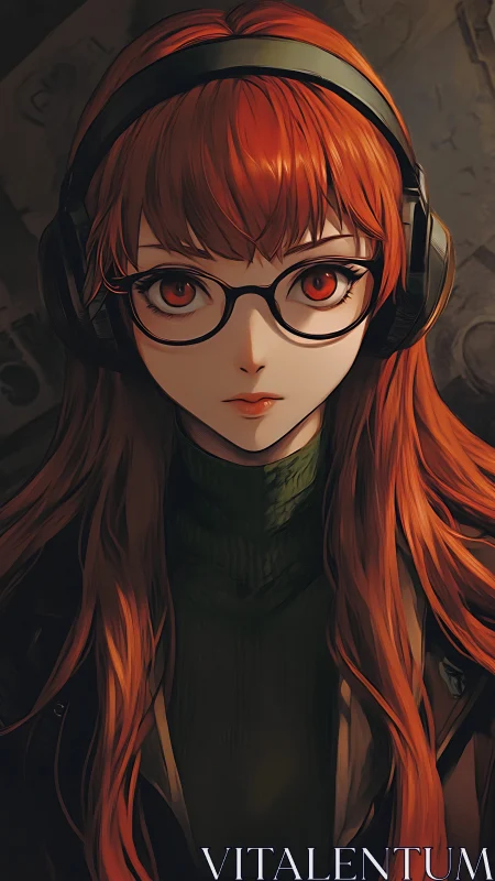 Headphoned ember-haired hacker in quiet digital vigil.