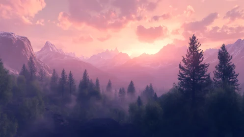 Soft sunrise drifting over misty pink mountain pines.