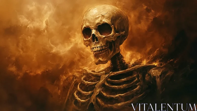 Gentle ember-lit skeleton rising through swirling smoke.