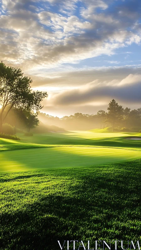 Sunrise fairway hush over dew-bright rolling greenscape.